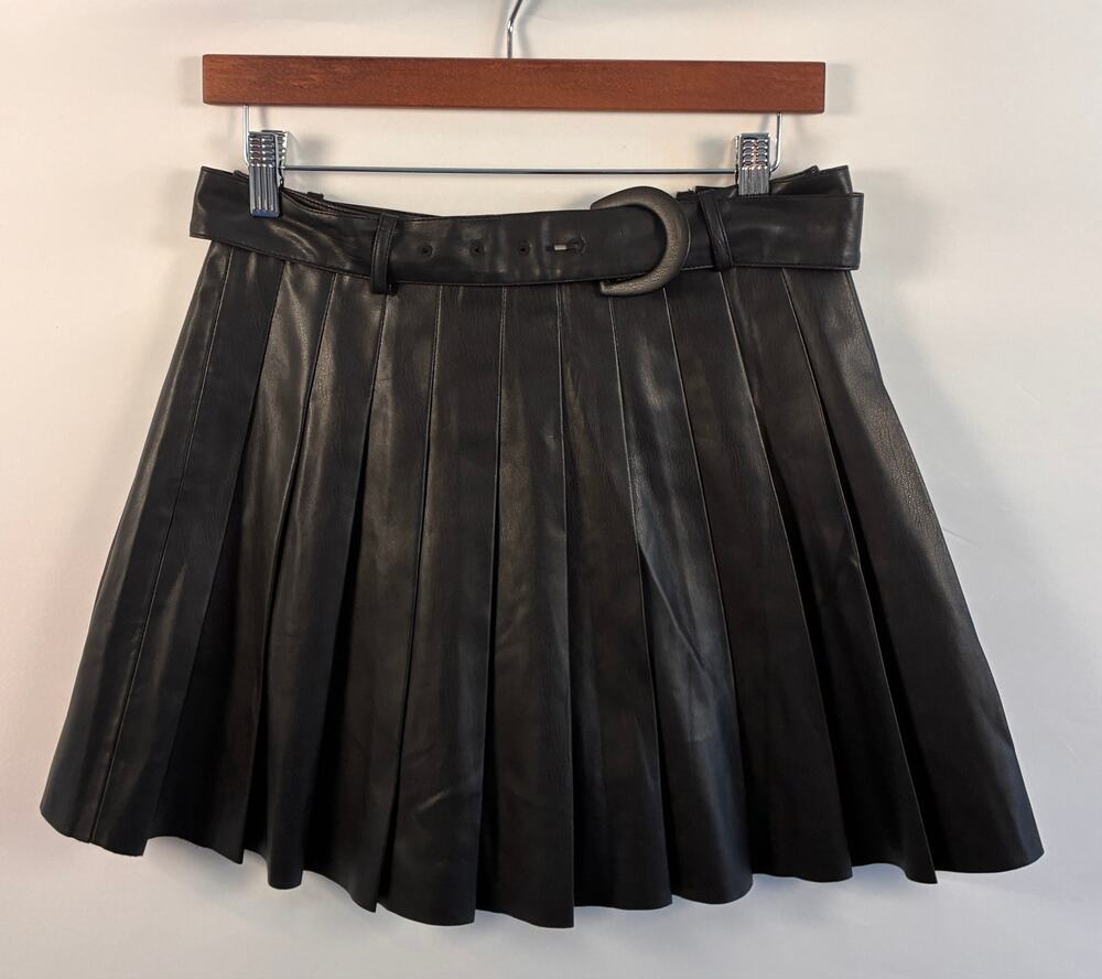 ZARA Black Faux Leather Belted Pleated Mini Skirt Size S High Waisted